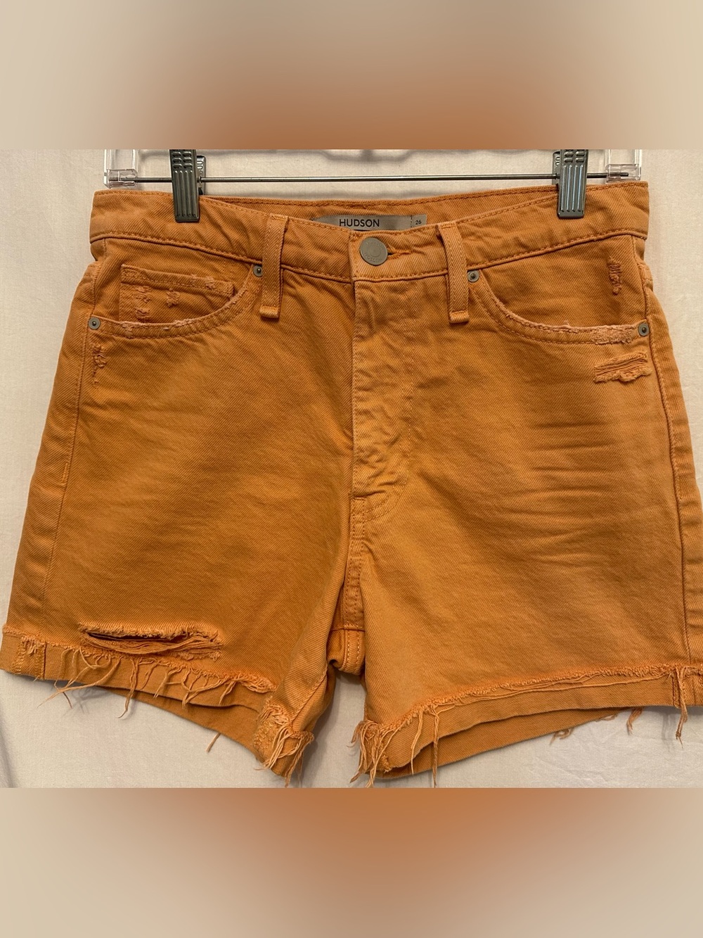HUDSON Devon High Rise Distressed Denim Shorts 26 Rust Orange Raw Hem